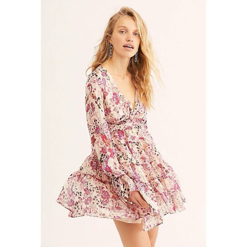 Free People Ivory Pink Floral Closer To The Heart Puff Sleeve Mini Dress Small